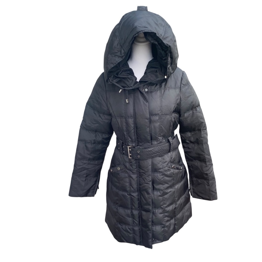 Zara Women's Black Hooded Puffer Down Quilted Coat Belted Zip Snap Closure Small